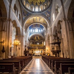 Obraz premium A large, ornate church interior with high ceilings and pews (1)