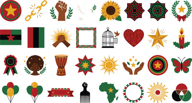 Juneteenth and Black History Month vector icon set with Pan-African flag colors, broken chain, raised fist, sunflower, and African map symbols