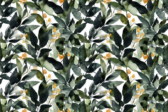 Botanical Abstract: A seamless watercolor pattern featuring deep green leaves interspersed with small yellow berries on a white background, offering a fresh, organic aesthetic for design and decor.