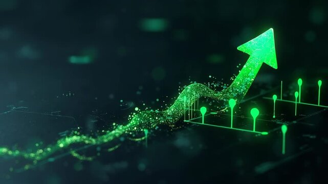 Up trend new hight green chart candlestick on grind and arrow table black background rise up profit climb in bull market high..