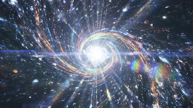 Prismatic light flare and diamond reflection concept. Abstract cosmic light vortex with radiant bright star and colorful galaxy spiral in deep space