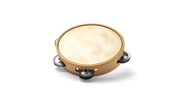 Isolated traditional tambourine with natural skin drumhead and metal jingles on a simple light background, percussion instrument