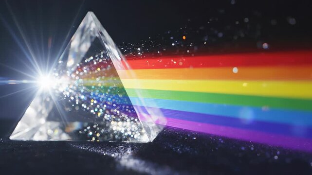 Prismatic light flare and diamond reflection concept. Crystal prism refracting light into vibrant rainbow spectrum on dark background with sparkling effects