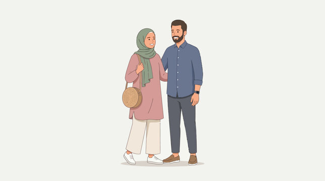 Flat 2D illustration of a happy young Muslim couple standing together in modest modern clothing against a neutral background