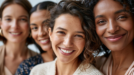 Fototapeta premium A diverse group of models with different skin tones and natural facial features smile softly in a bright white studio soft diffused light minimal makeup clean styling modern