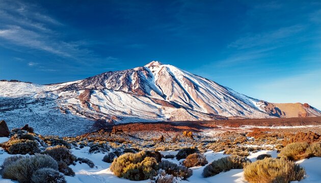 Snow Covered El Teide Volcano And Extensive Lava Fields Tenerife