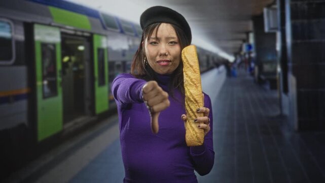 Woman holding baguette and showing thumbs down gesture on train platform inside station building; disapproval protest.