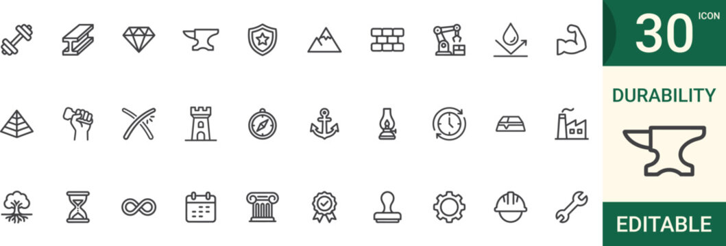 Durability and strength 30 icons set editable and Vector illustration.