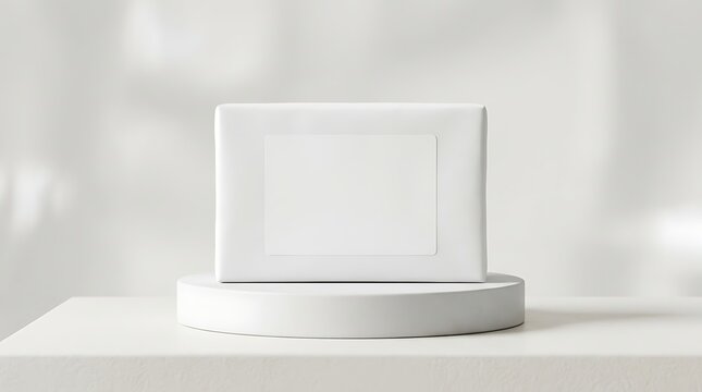 Blank white shipping envelope mockup on pedestal for ecommerce delivery branding logistics label return service packaging