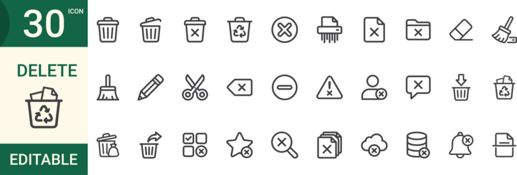 Editable delete 30 icon set for ui and design Vector illustration.