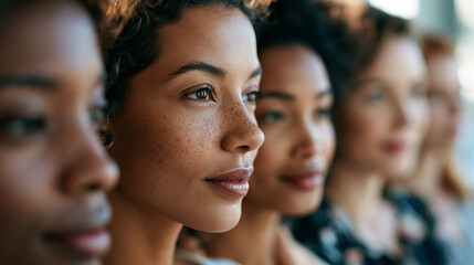 Fototapeta premium A close up of diverse faces in a beauty lineup against a bright clean studio background soft diffused light minimal makeup natural skin textures visible calm confident