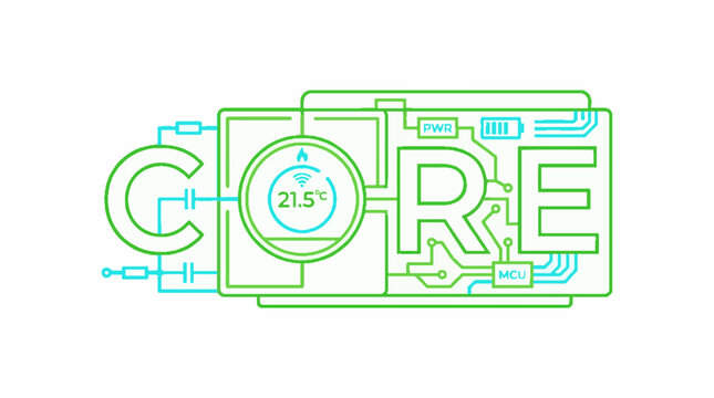 CORE word typography integrated with smart thermostat and circuit board line art illustration