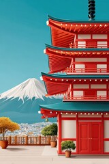Obraz premium Red pagoda overlooking Mount Fuji with traditional Japanese temple architecture and serene city view