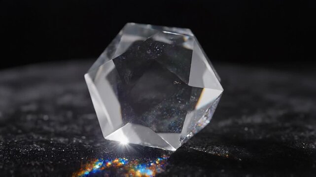 Prismatic light flare and diamond reflection concept. Close up of a sparkling clear crystal prism reflecting colorful light on dark surface
