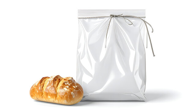 Isolated shiny white plastic packaging bag tied with twine next to a golden brown bread roll, bakery product mockup