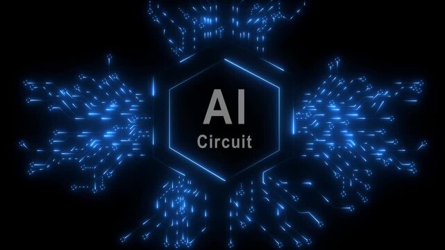 Glowing ai circuit emblem surrounded by digital networks and swirling black background 4k video...
