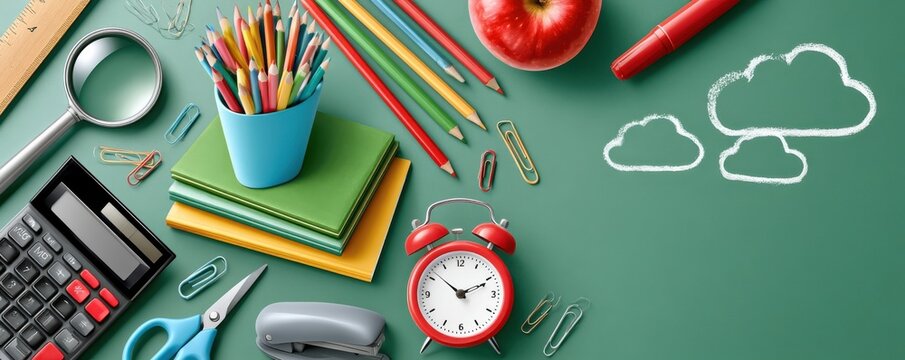 Flat lay of colorful school supplies on a green chalkboard for back-to-school and study prep
