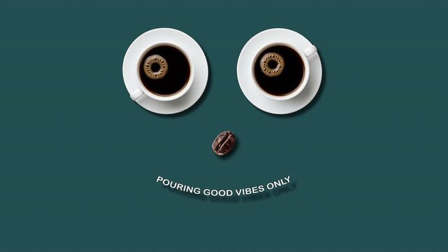 Coffee concept with text turning into a happy smile and positive vibes theme on medium gray cyan backdrop.