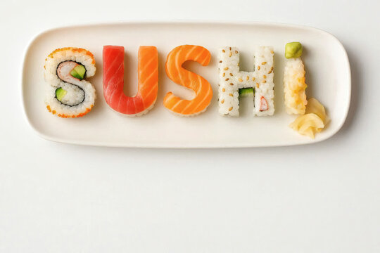 Sushi‑Typografie auf wei&szlig;em Teller: Das Wort &bdquo;SUSHI&ldquo; aus verschiedenen Sushi‑St&uuml;cken geformt, kreativ arrangiert mit Reis, Fisch und Wasabi &ndash; modernes Food‑Design mit klarer Freifl&auml;che.