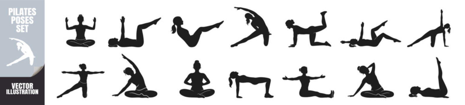 Pilates pose silhouettes featuring a variety of exercise movements and stretching positions. Collection of female figures in pilates workout poses on transparent background.