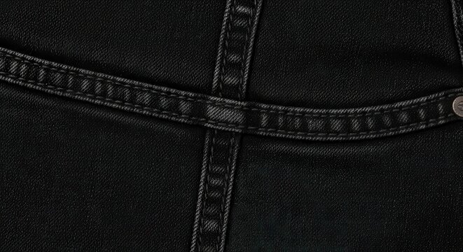 Close-up of dark denim fabric with visible stitching and seams.