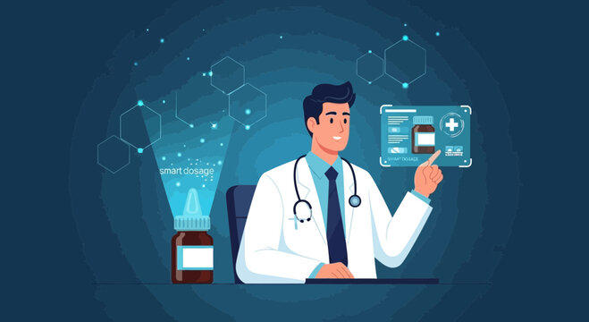 Doctor with smart dosage hologram and medical data on futuristic screen