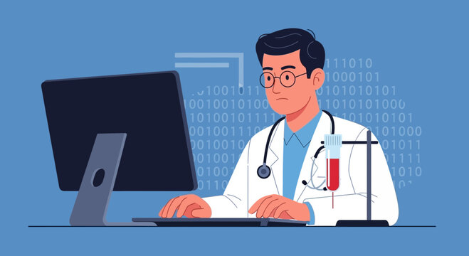 Doctor using computer for medical data analysis, binary code background