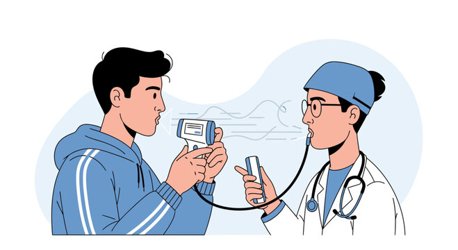Doctor tests patient's lung capacity with spirometer and thermometer