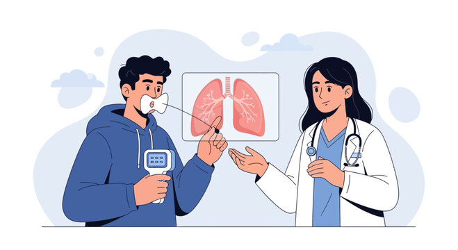 Doctor testing patient's lung capacity with spirometer and image of lungs.