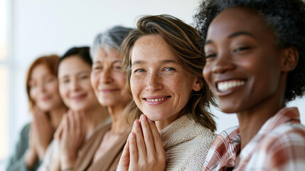 Fototapeta premium A diverse group of women touch their faces gently while standing against a bright white studio background soft diffused light minimal makeup natural skin texture visible calm