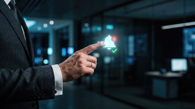 Business Professional  Touching Glowing Bell Notification Icon with Unread Alerts Digital Communication, Push Notification Management and Real-Time Business Update Concept