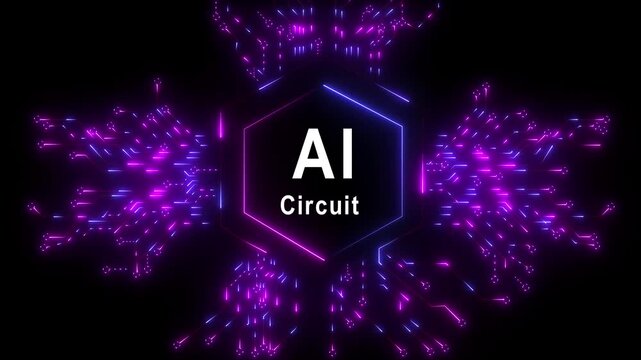Glowing ai circuit emblem surrounded by digital networks and swirling black background 4k video...