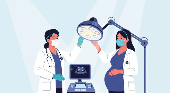 Doctor performing ultrasound on pregnant woman with medical equipment