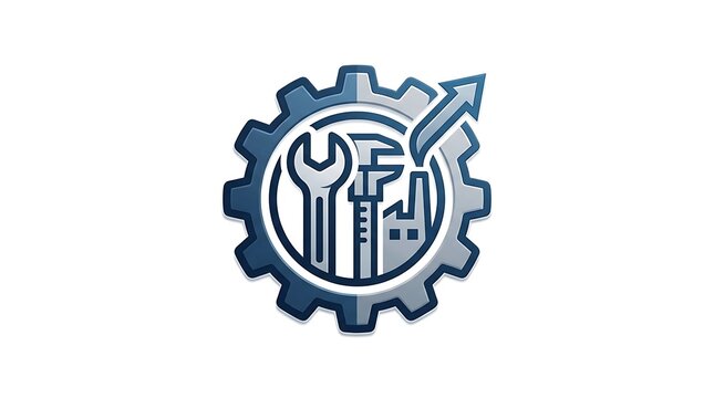 Industrial gear icon with wrench caliper and factory silhouette showing engineering manufacturing maintenance production progress growth efficiency