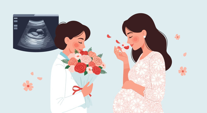 Doctor gives flowers to pregnant woman with ultrasound image background.