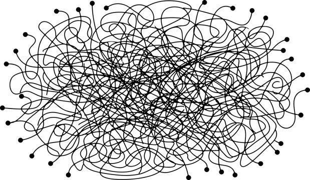 Abstract tangled mess complex thread lines concept vector illustration featuring chaotic scribble knot with nodes isolated on white background for problem solving business challenge,
