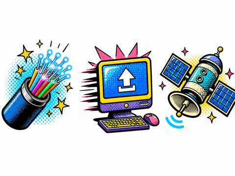 High-speed broadband internet connectivity concepts represented by vibrant illustrations fiber optic cables transmitting data a computer uploading information and a satellite broadcasting signals acro