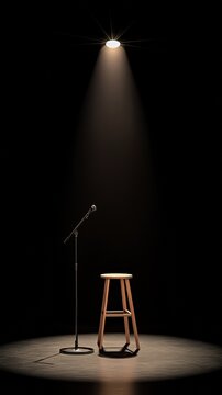 Empty stage illuminated by spotlight featuring microphone and stool, creating anticipation for upcoming performance, concert, or open mic night
