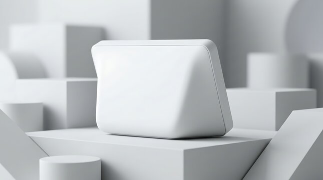 Blank white smart display device mockup on geometric shapes for technology interface and home automation presentation