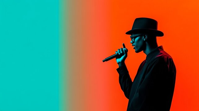 Young man wearing a stylish hat and glasses, passionately singing into a microphone on stage, set against a vibrant orange and turquoise background that enhances the lively atmosphere