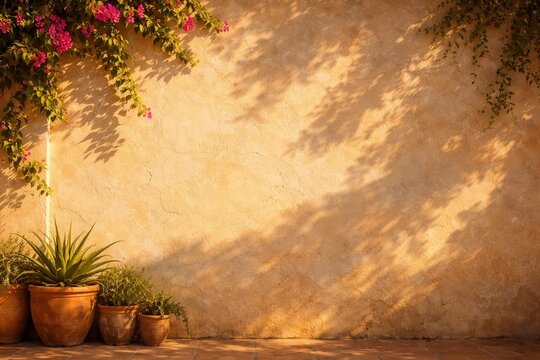 Sunlit mediterranean wall with flower vines and clay pots casting soft shadows warm rustic scene