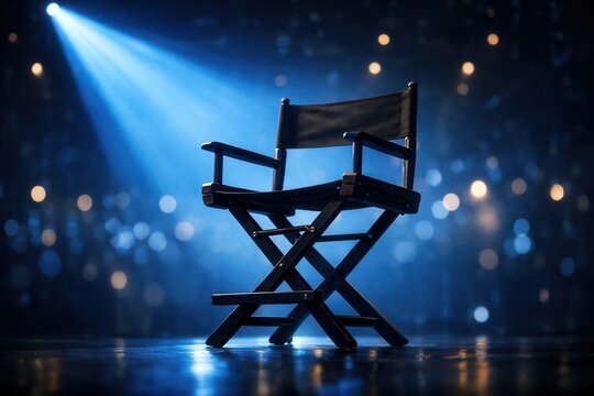 Empty director chair under spotlight on dark stage with cinematic lighting and bokeh background scene