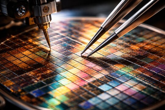 Microchip wafer inspection with precision probes showcasing semiconductor manufacturing and advanced technology