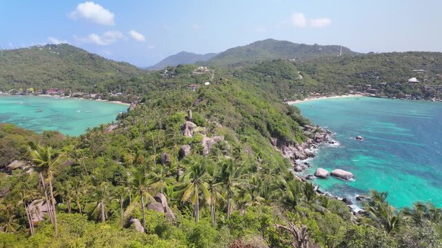 Breathtaking View Of John-Suwan Viewpoint At The Southernmost Tip Of Koh Tao In Thailand. Aerial Shot