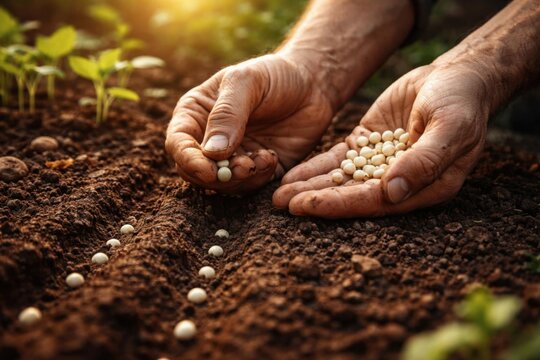 Manos plantando semillas en tierra f&eacute;rtil y rica, concepto de agricultura sostenible y cuidado del medio ambiente