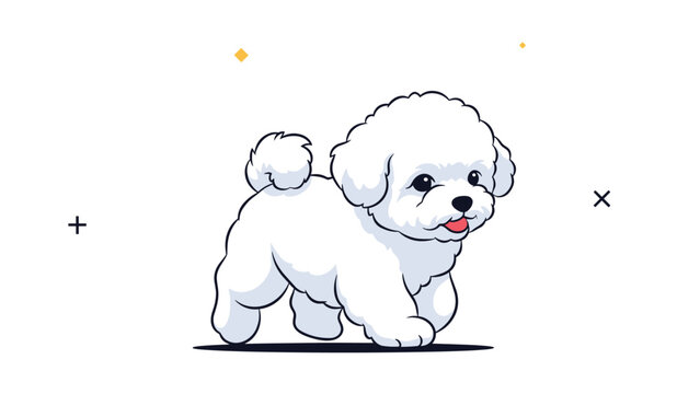Adorable white fluffy bichon frise puppy walking and wagging its tail on a clean white background with minimal stars.
