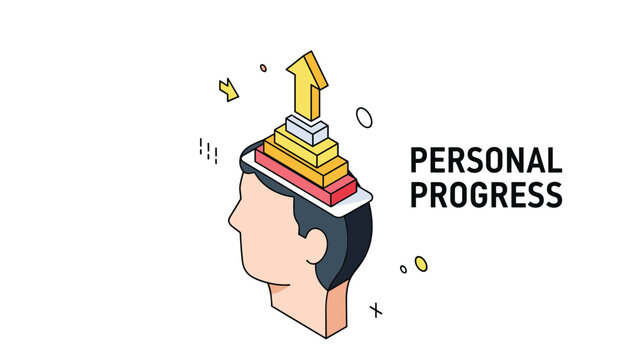 Personal progress concept illustration showing a human head with colorful blocks building up towards a golden arrow indicating growth.