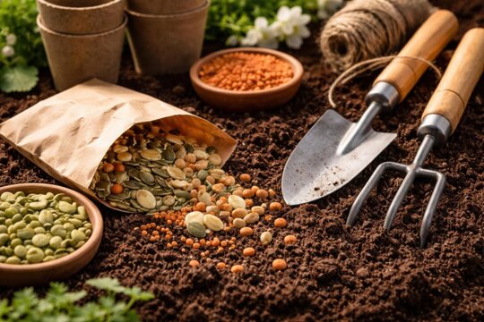Siembra de primavera junto a tierra f&eacute;rtil y fresca y herramientas de jardiner&iacute;a