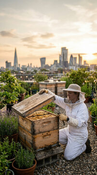 Female beekeeper in a white protective suit gently lifting the lid of a wooden hive on a rooftop garden with lavender and potted plants at golden hour with a dramatic urban city skyline 