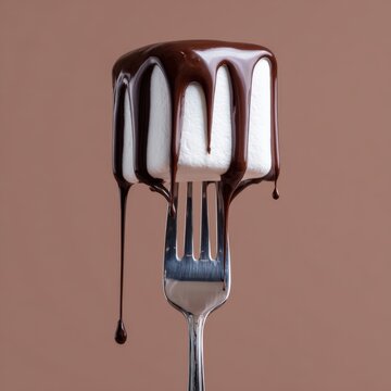 White fluffy marshmallow skewered on a silver fork with dark chocolate sauce dramatically dripping on a warm terracotta brown background, earthy sweet dessert food photography 